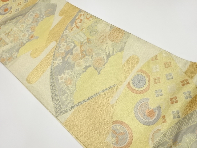 リサイクル　本佐賀錦地紙に花々・松・古典柄模様織出し袋帯